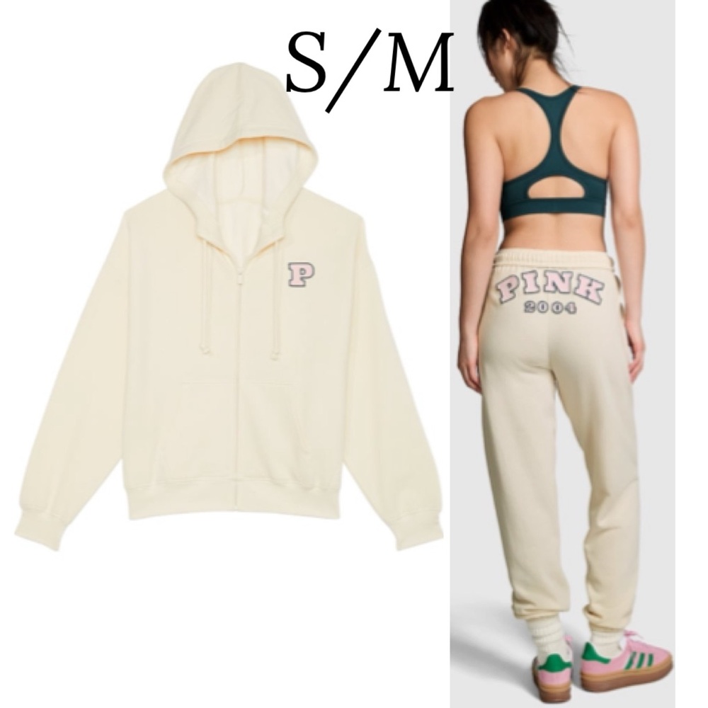 vs PINK sweatpants OUTFIT IN WHITE SHELL W/FULL ZIP MEDIUM & 2004 PATCHES SMALL